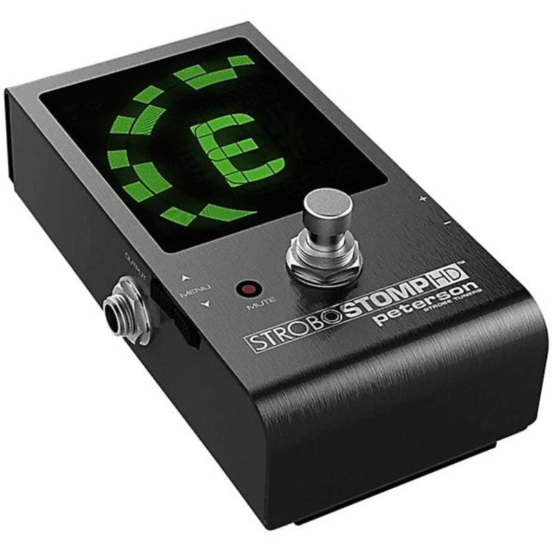 Peterson StroboStomp HD tuner pedal for guitar with large green LED display, black metal chassis