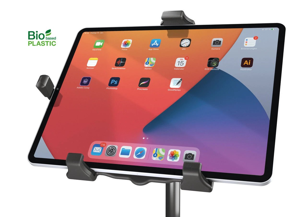 K&M 19744 Tablet Stand Holder, black, bio-based plastic, for instrument stands.