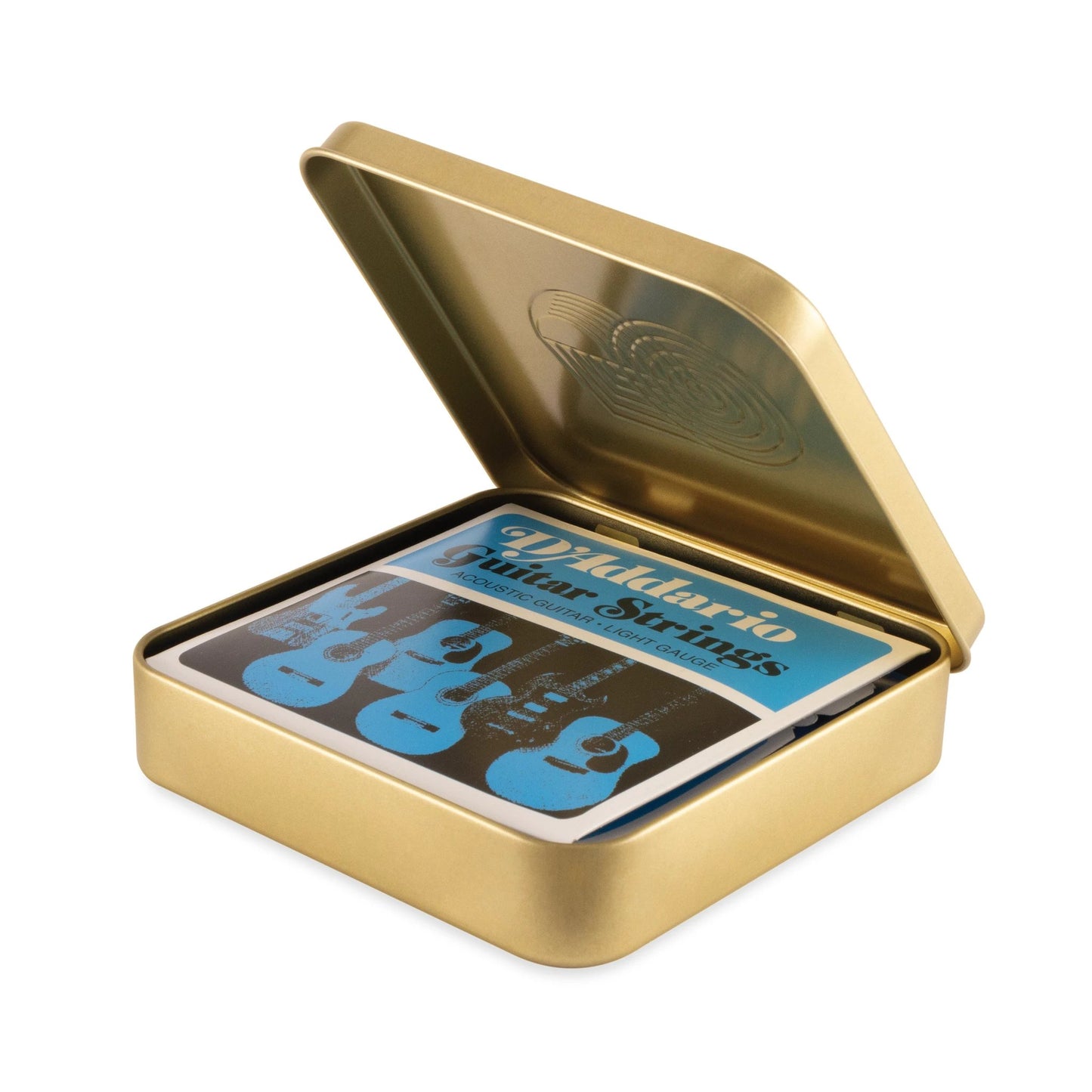 D'Addario 50th Anniversary Guitar Strings bundle in a gold metal tin case