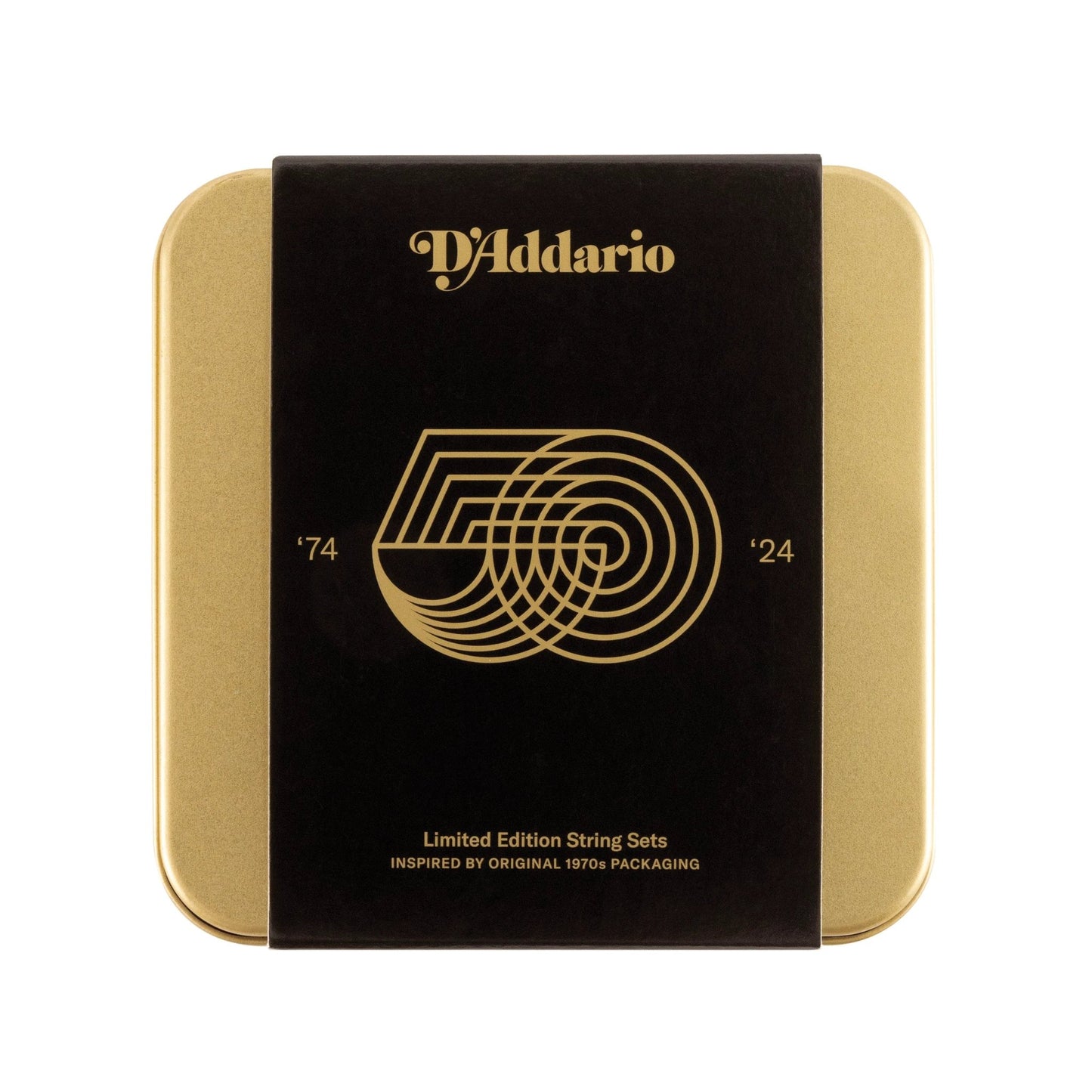 D'Addario 50th Anniversary Guitar Strings tin with black label on gold packaging.