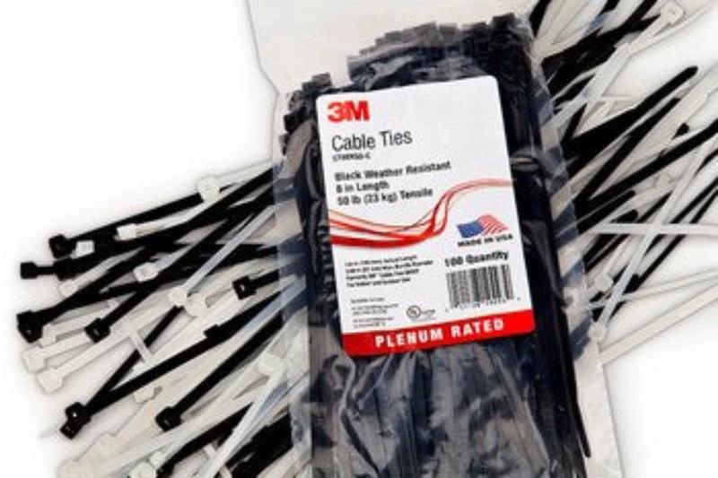 3M 8-inch nylon cable ties, black, bulk pack in a labeled bag