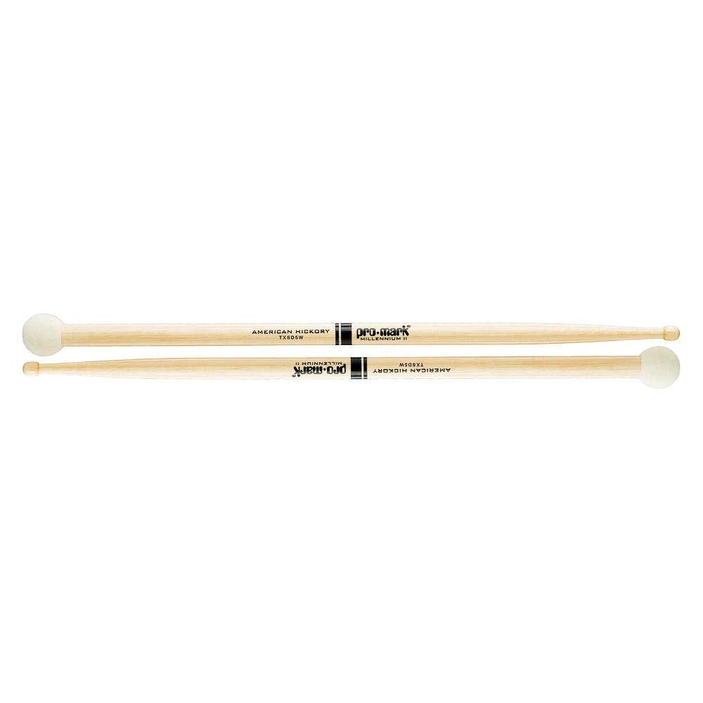 Pair of ProMark Hickory SD5 drum sticks, light multi-percussion, wood tip, felt butt, by D’Addario