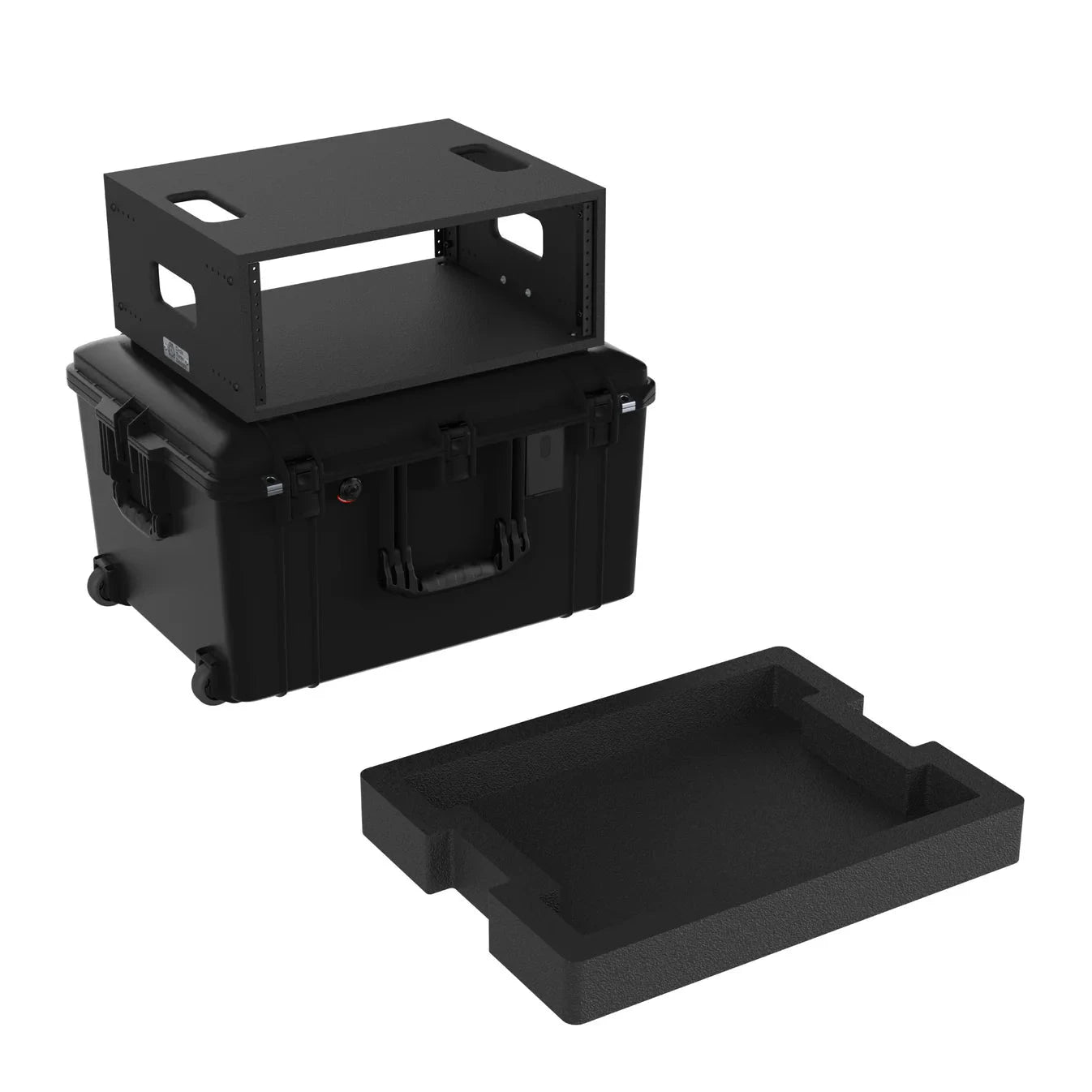 Circle Three Designs 4RU Wood Fly Rack atop a Pelican Air 1637 case with laptop tray and foam tray