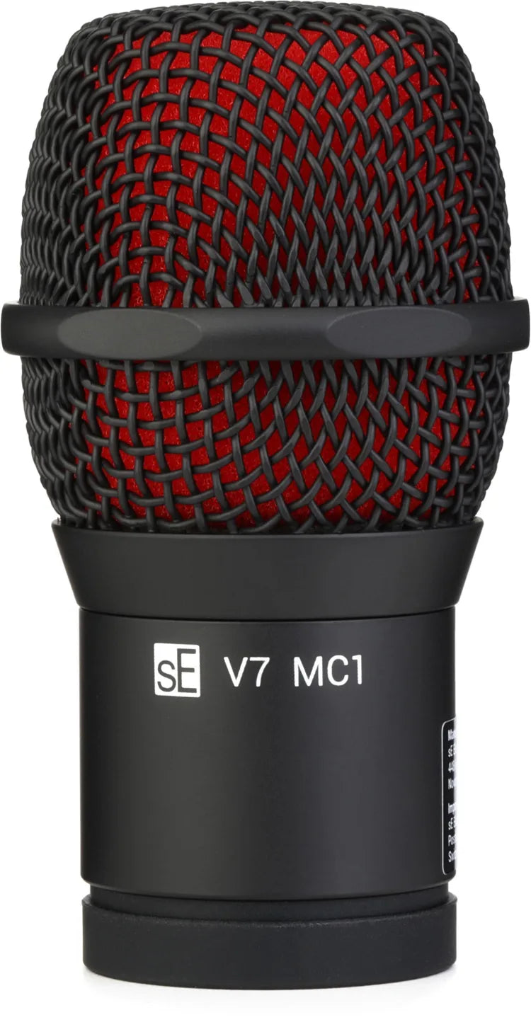 A black studio microphone with a red mesh grille and a black collar printed with 'SE V7 MC1'.