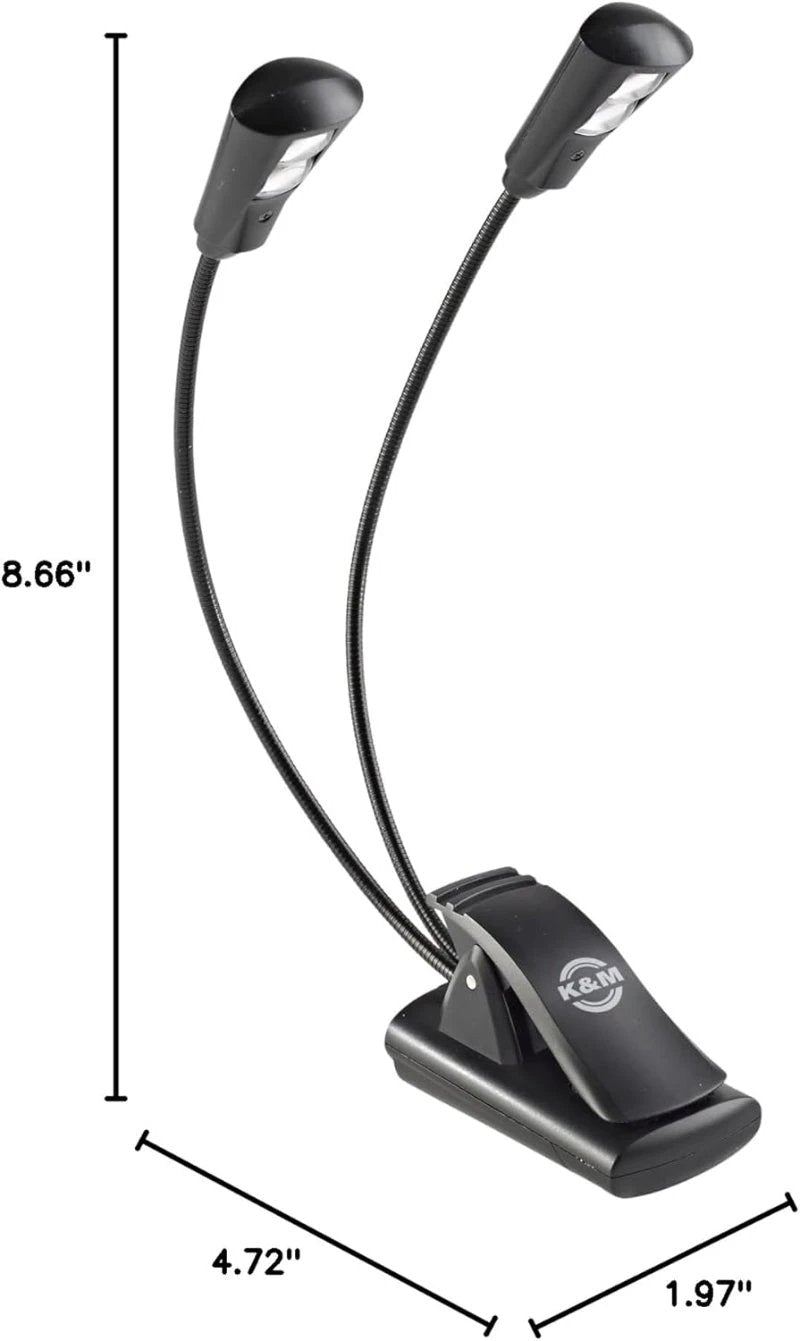 K&M 12244 Dual Flexlight black music stand light with dual flexible arms and clamp base