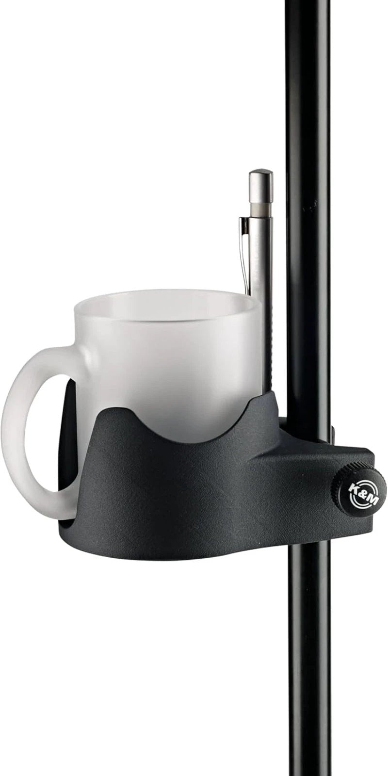 K&M 16027 Stand Drink Holder on a mic stand; black mount secures a white mug.