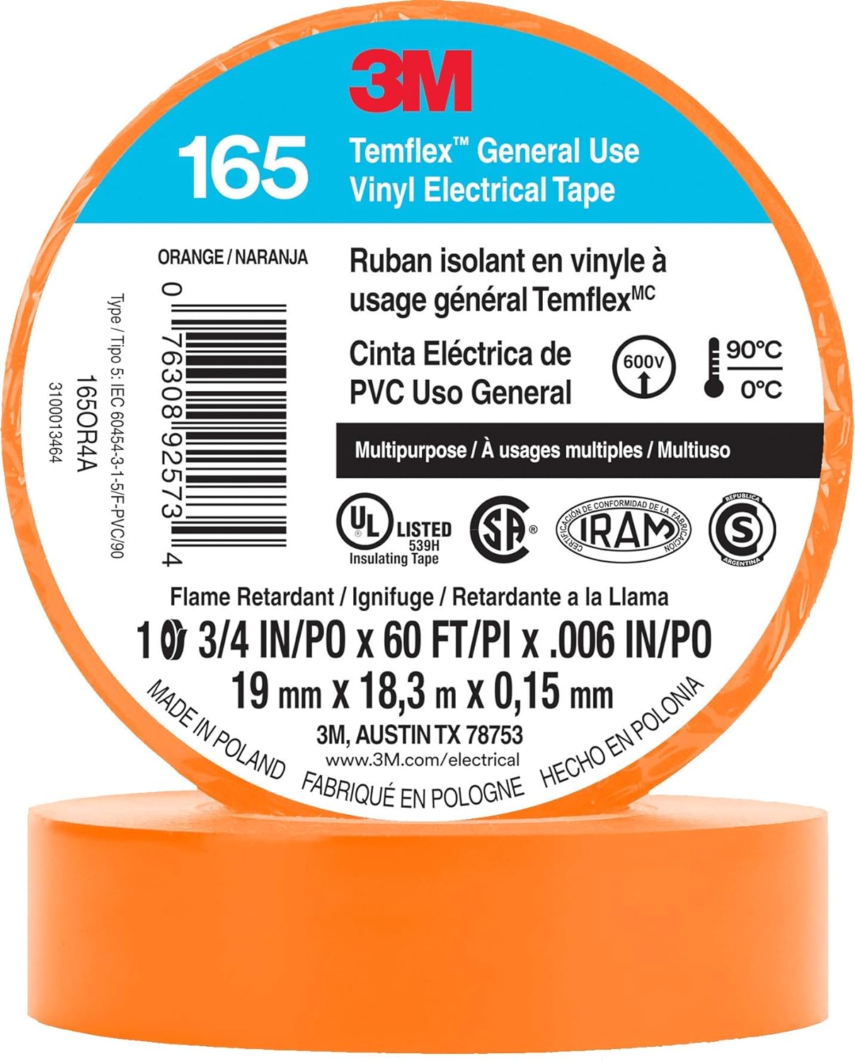 3M Temflex Electrical Tape 165, 3/4 In x 60 ft
