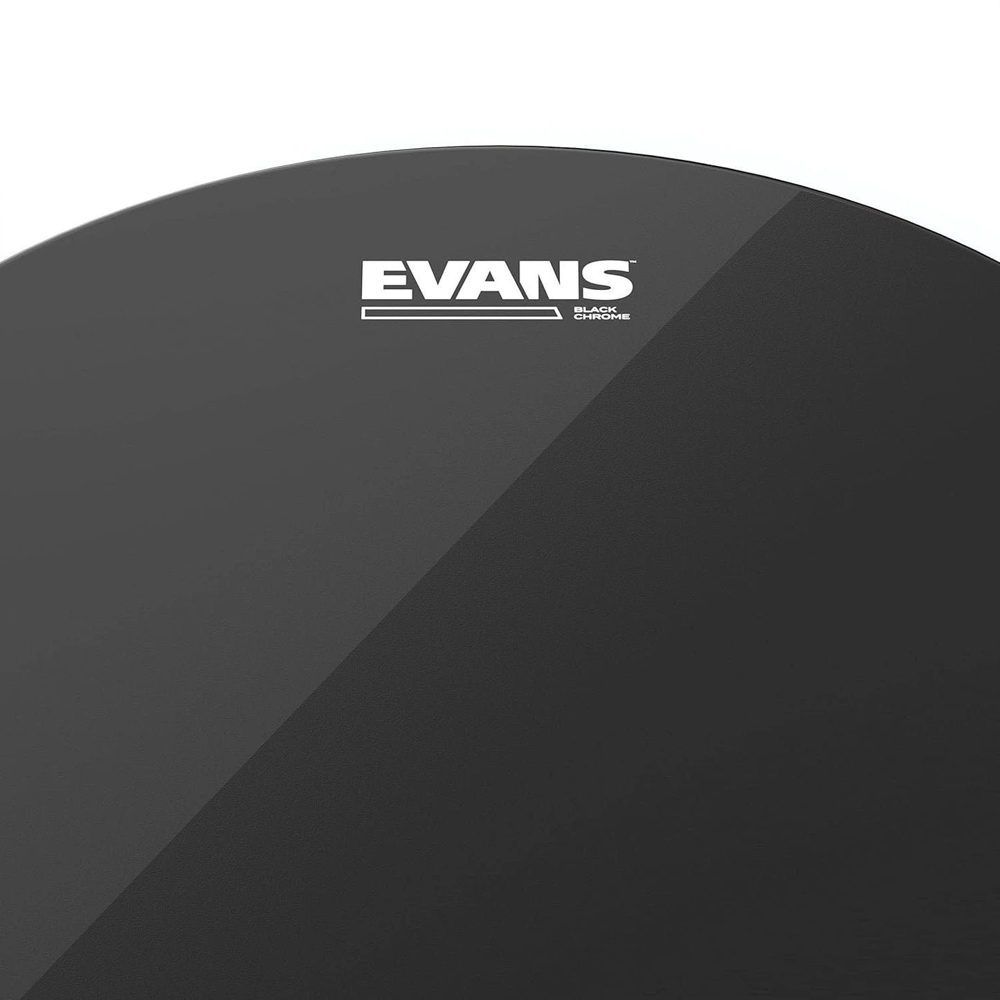 Evans Black Chrome drum head; black surface with diagonal seam and Evans logo