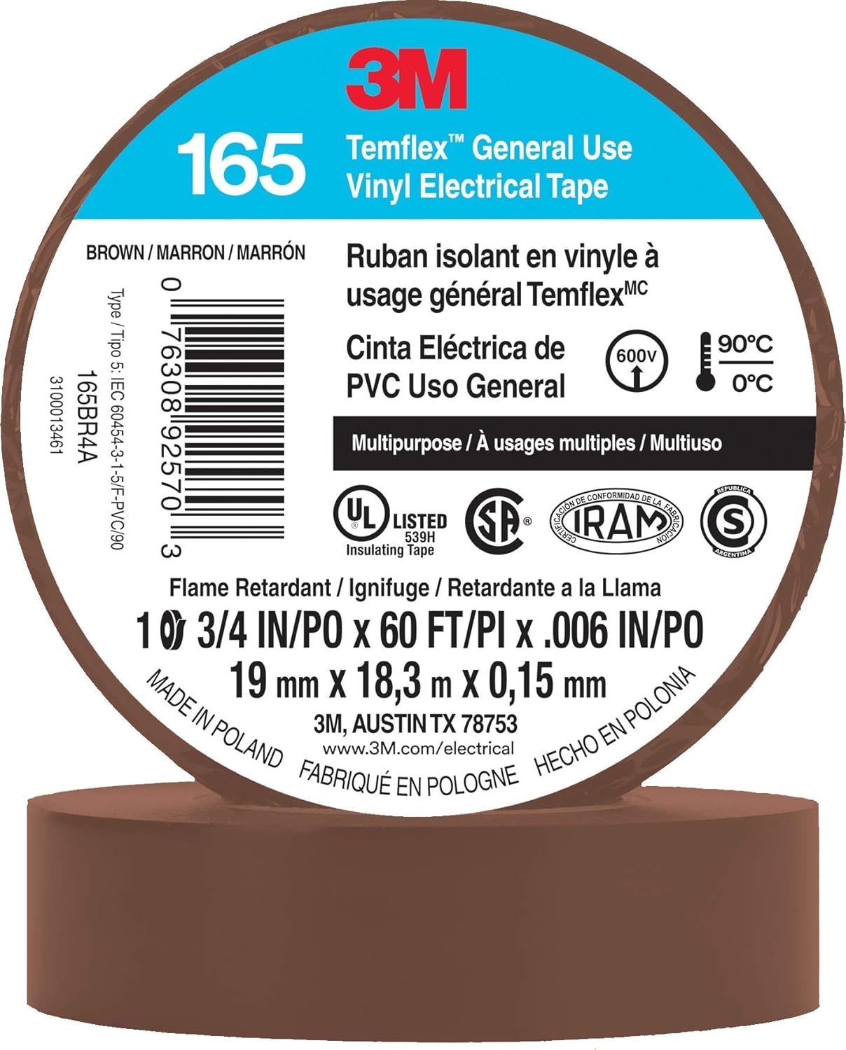 3M Temflex Electrical Tape 165, 3/4 In x 60 ft
