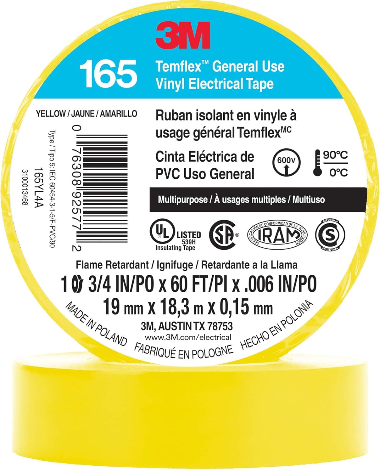 3M Temflex Electrical Tape 165, 3/4 In x 60 ft