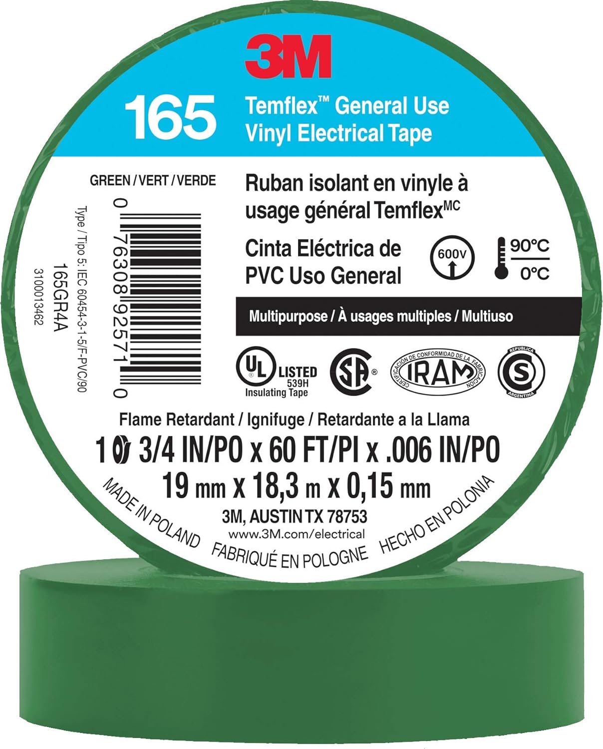 3M Temflex Electrical Tape 165, 3/4 In x 60 ft
