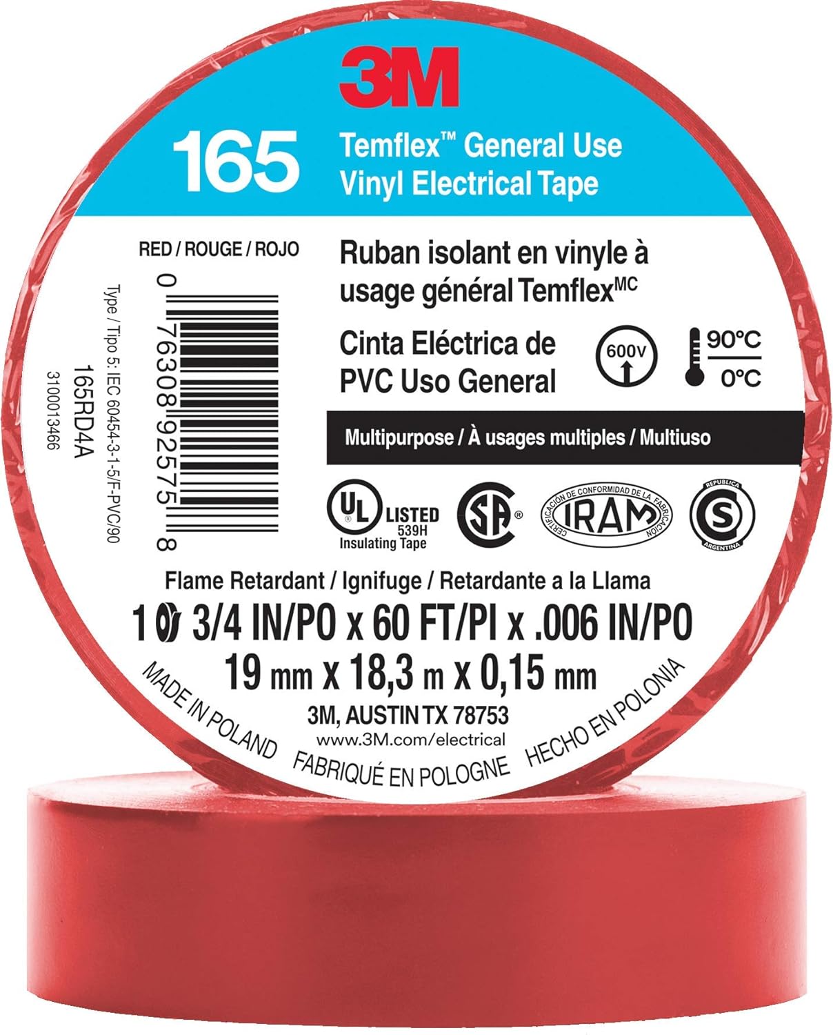 3M Temflex Electrical Tape 165, 3/4 In x 60 ft