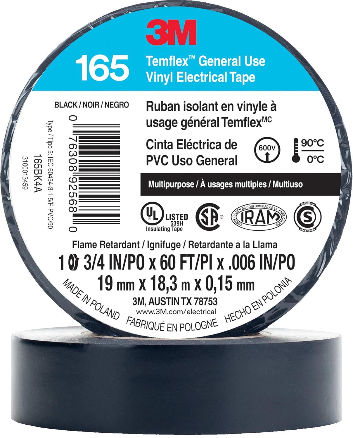3M Temflex Electrical Tape 165, 3/4 In x 60 ft
