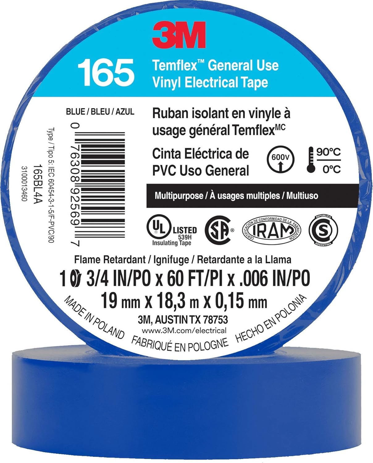 3M Temflex Electrical Tape 165, 3/4 In x 60 ft