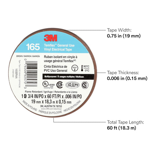 3M Temflex Electrical Tape 165, 3/4 In x 60 ft