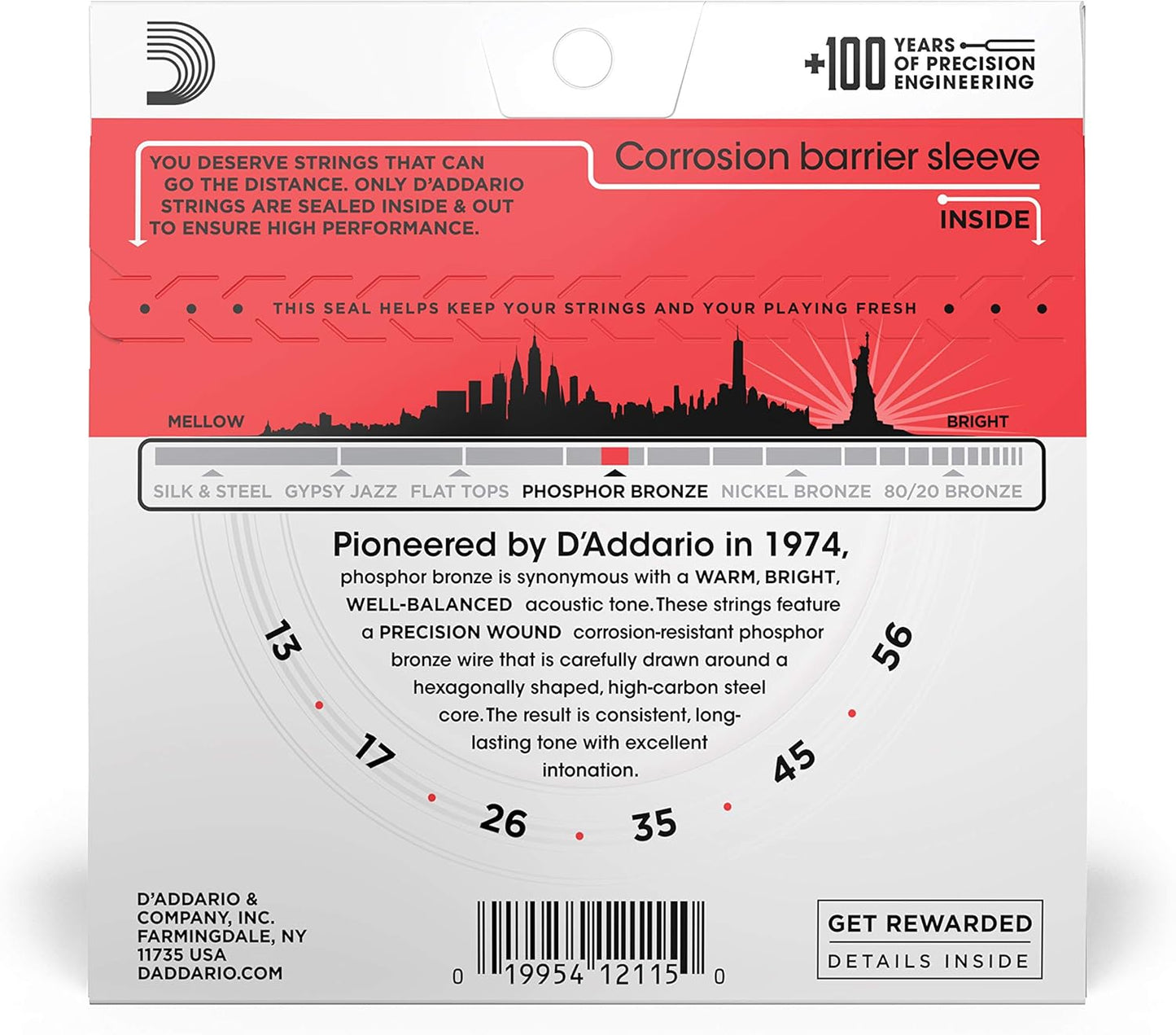 D'Addario 13-56 Medium, Phosphor Bronze Acoustic Guitar Strings