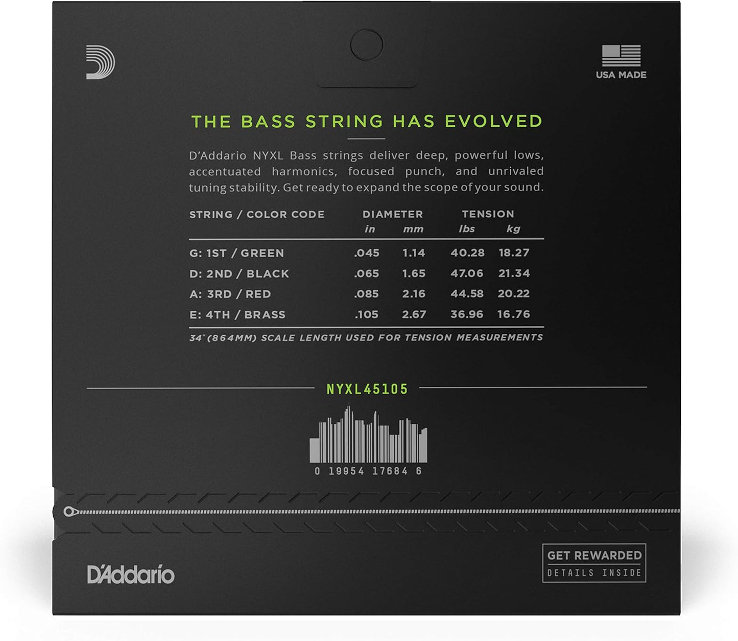 D'Addario 45-105 Regular Light, Top/Medium Bottom, Long Scale, NYXL Bass Strings