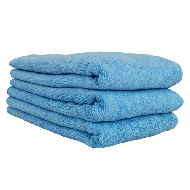 Stack of blue microfiber cloths on a white background