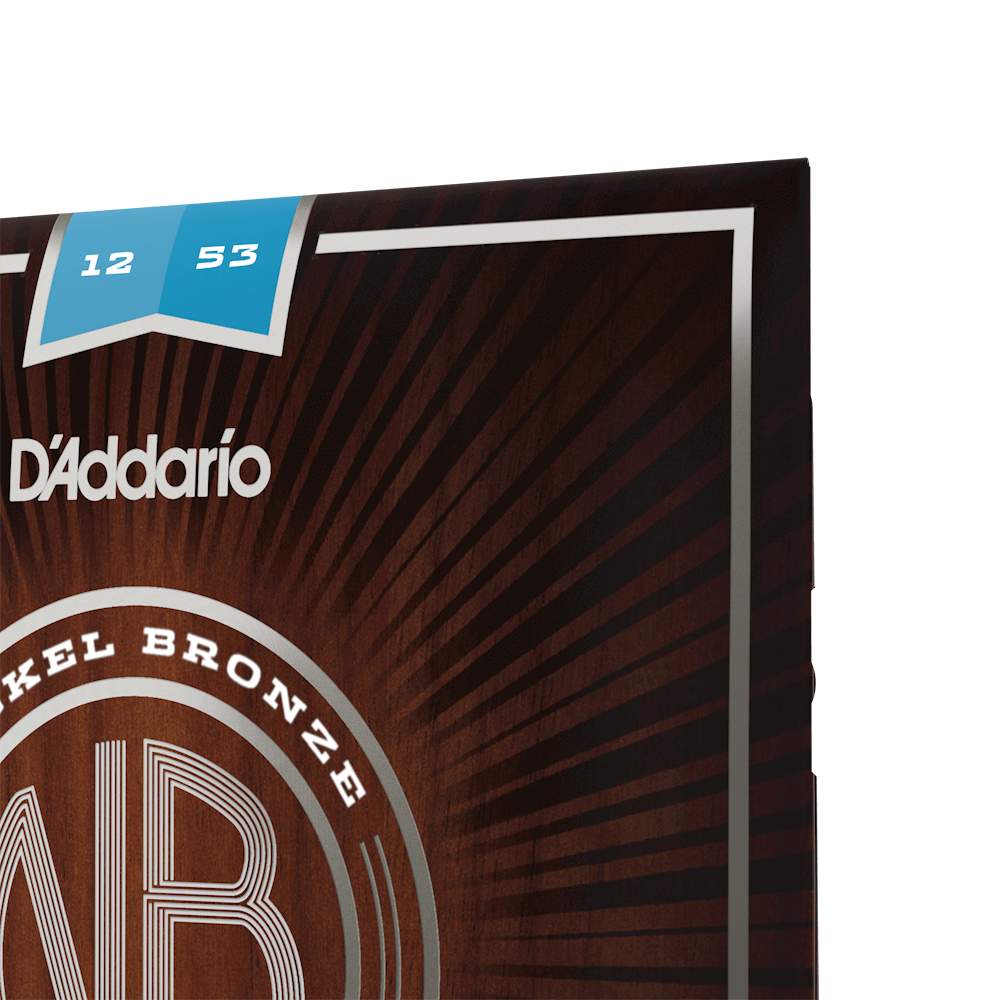 D'Addario guitar strings, 12-53 regular light nickel bronze acoustic set on brown packaging with D'Addario logo