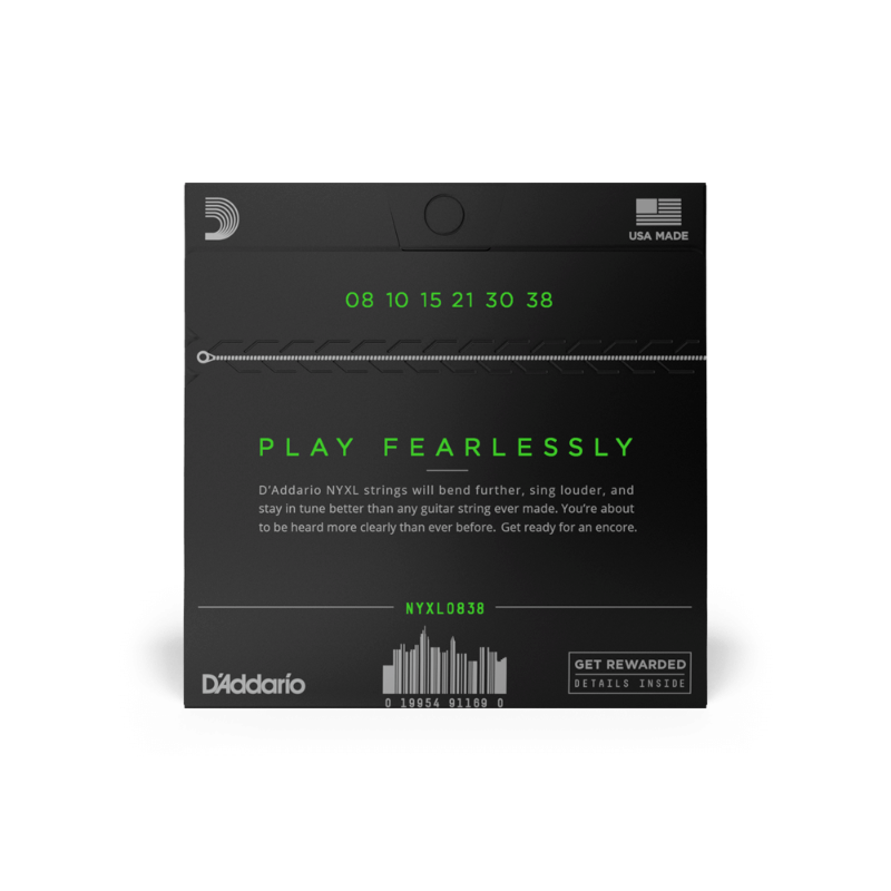 D'Addario NYXL 08-38 Extra Super Light electric guitar strings in black packaging.