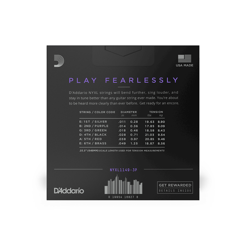 D'Addario NYXL electric guitar strings 11-49 medium gauge in black packaging with the D'Addario logo