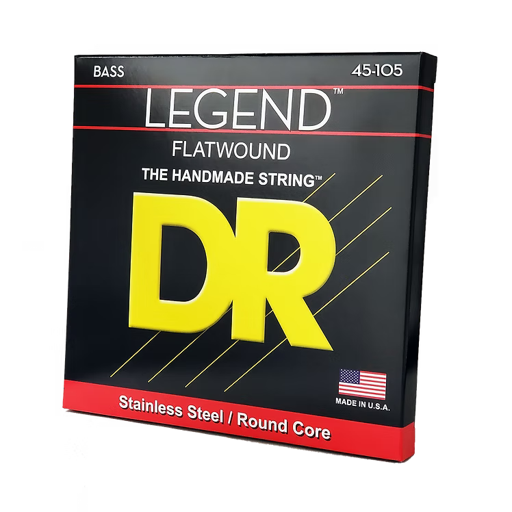 DR Strings Legend flatwound bass strings, stainless steel, 5-string, black packaging with yellow DR logo
