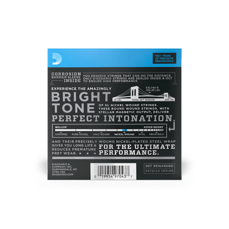 D'Addario 10-74 Light Top/Heavy Bottom, XL Nickel Electric Guitar Strings (8-string)