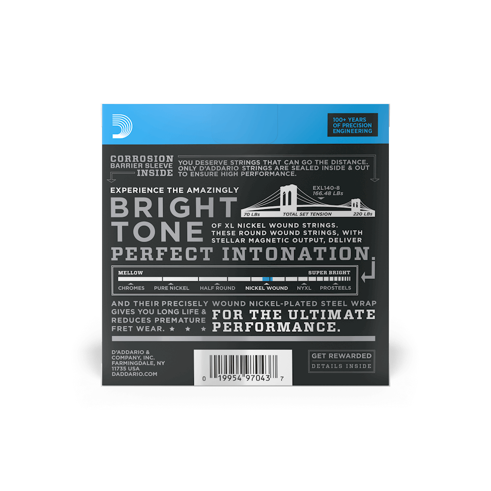 D'Addario 8-string XL Nickel electric guitar strings, 10-74, light top/heavy bottom