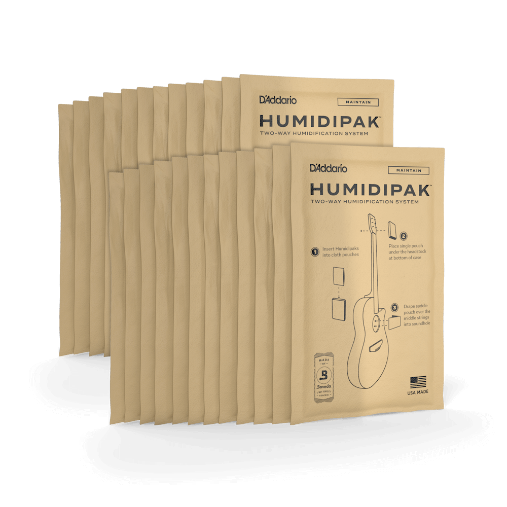 Multiple D'Addario Humidipak packaging on a white background