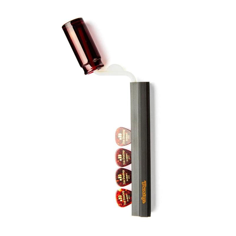 Dunlop 5015 Slide and Pick standard pickholders guitar accessory on gray rail with four red picks
