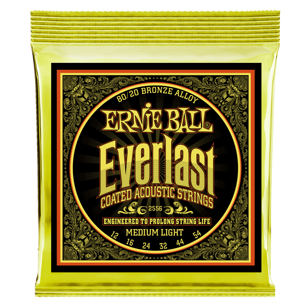Ernie Ball Everlasti coated acoustic strings packaging on a black background