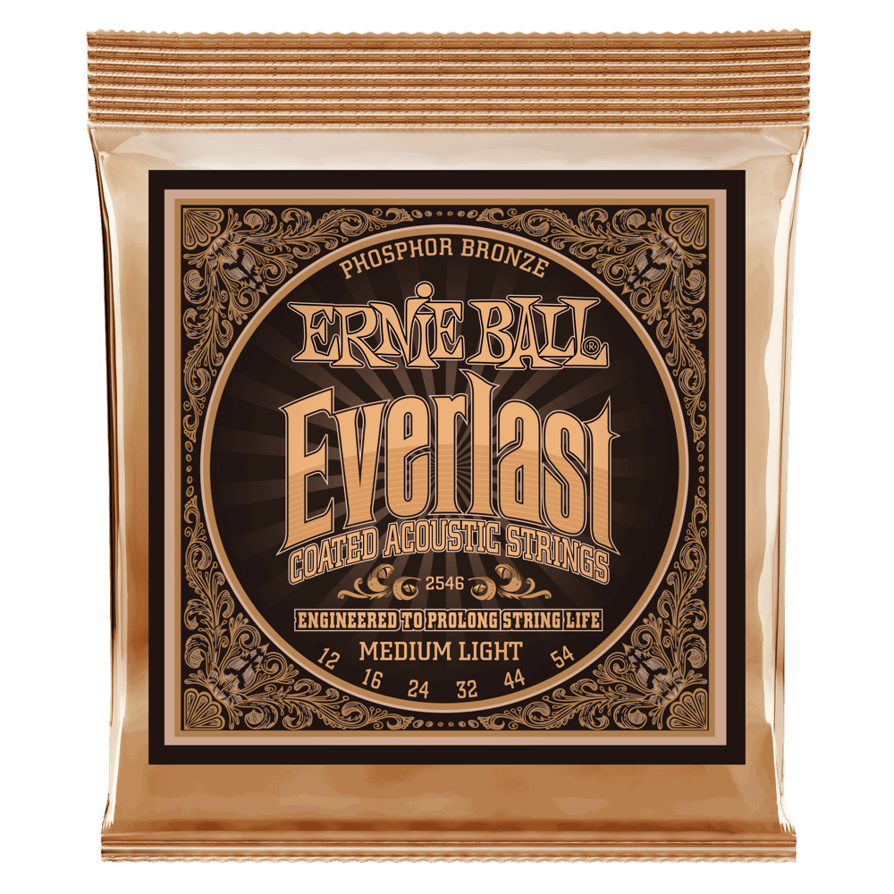 Ernie Ball Everlast coated acoustic strings packaging on a black background
