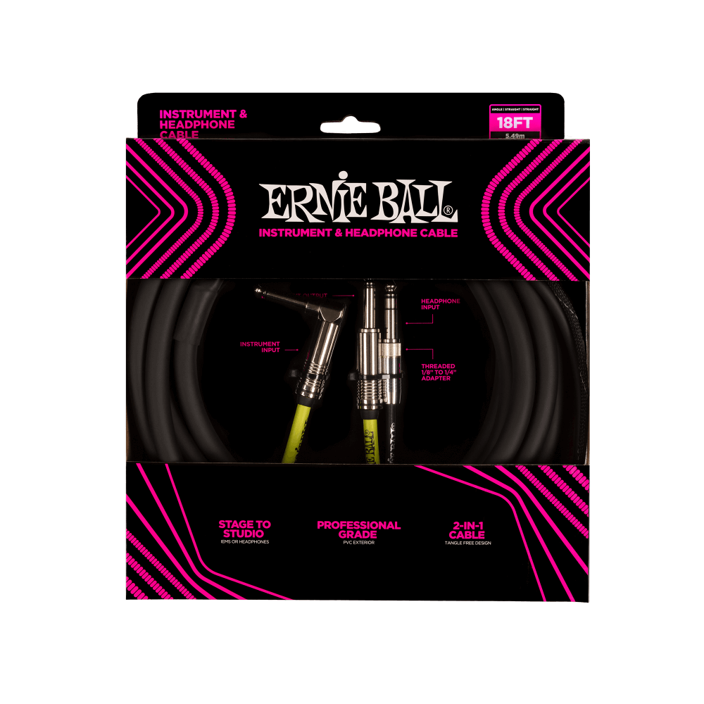 Ernie Ball instrument and headphone cable packaging with pink and black design