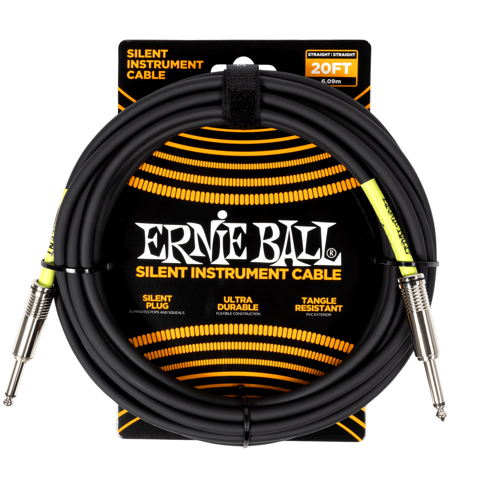 Ernie Ball silent instrument cable packaging with cable coiled on a white background