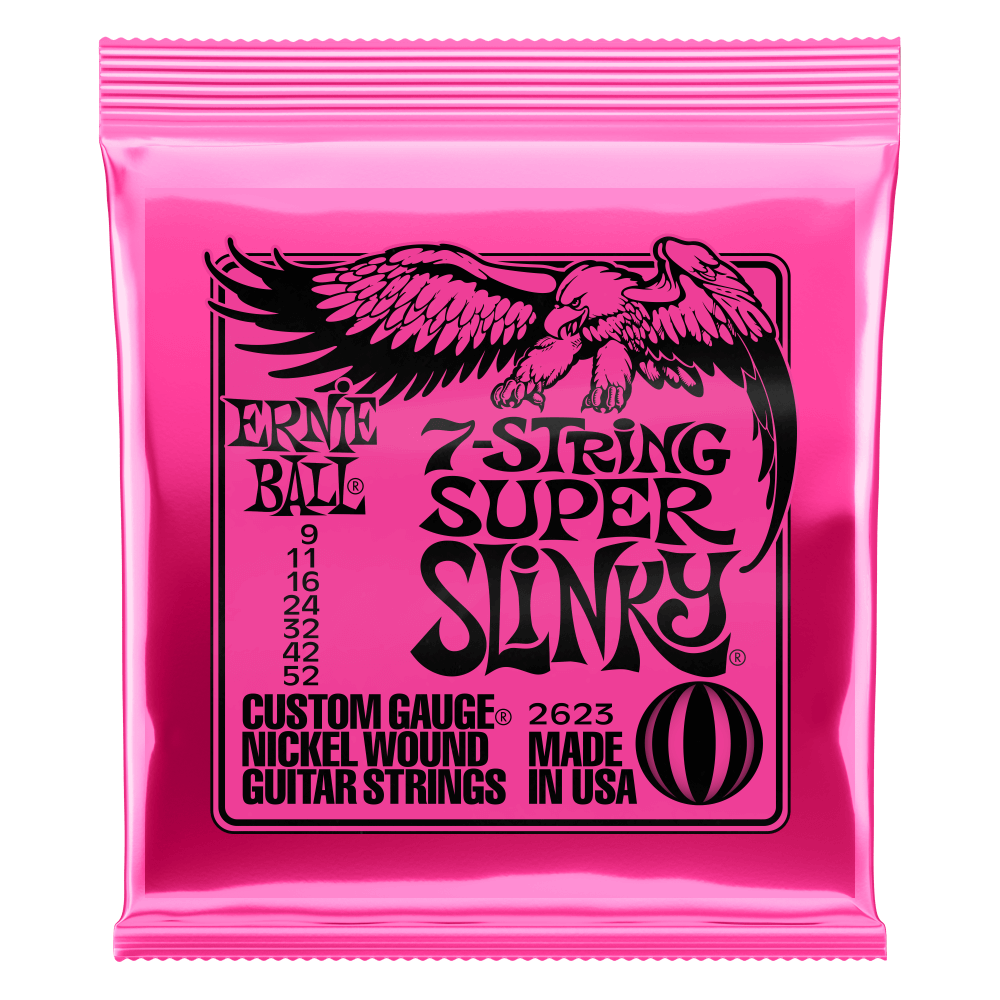 Pink packaging of Ernie Ball 7-string super slinky guitar strings with an eagle logo.