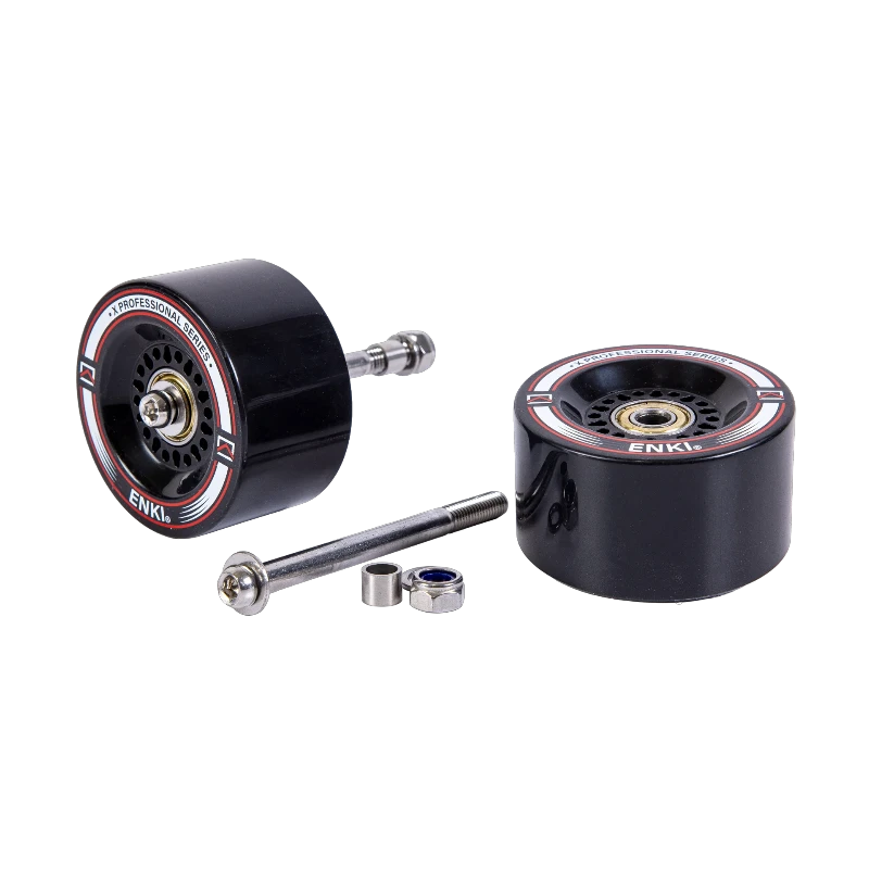 ENKI X Series replacement wheel and axle kit for guitar cases; includes two black wheels, axle rod, spacers and nuts.