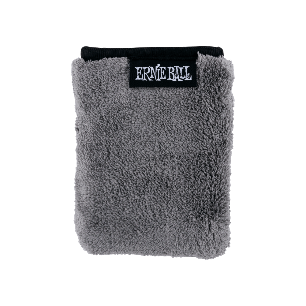 Gray fuzzy microfiber cloth with a black label on a white background
