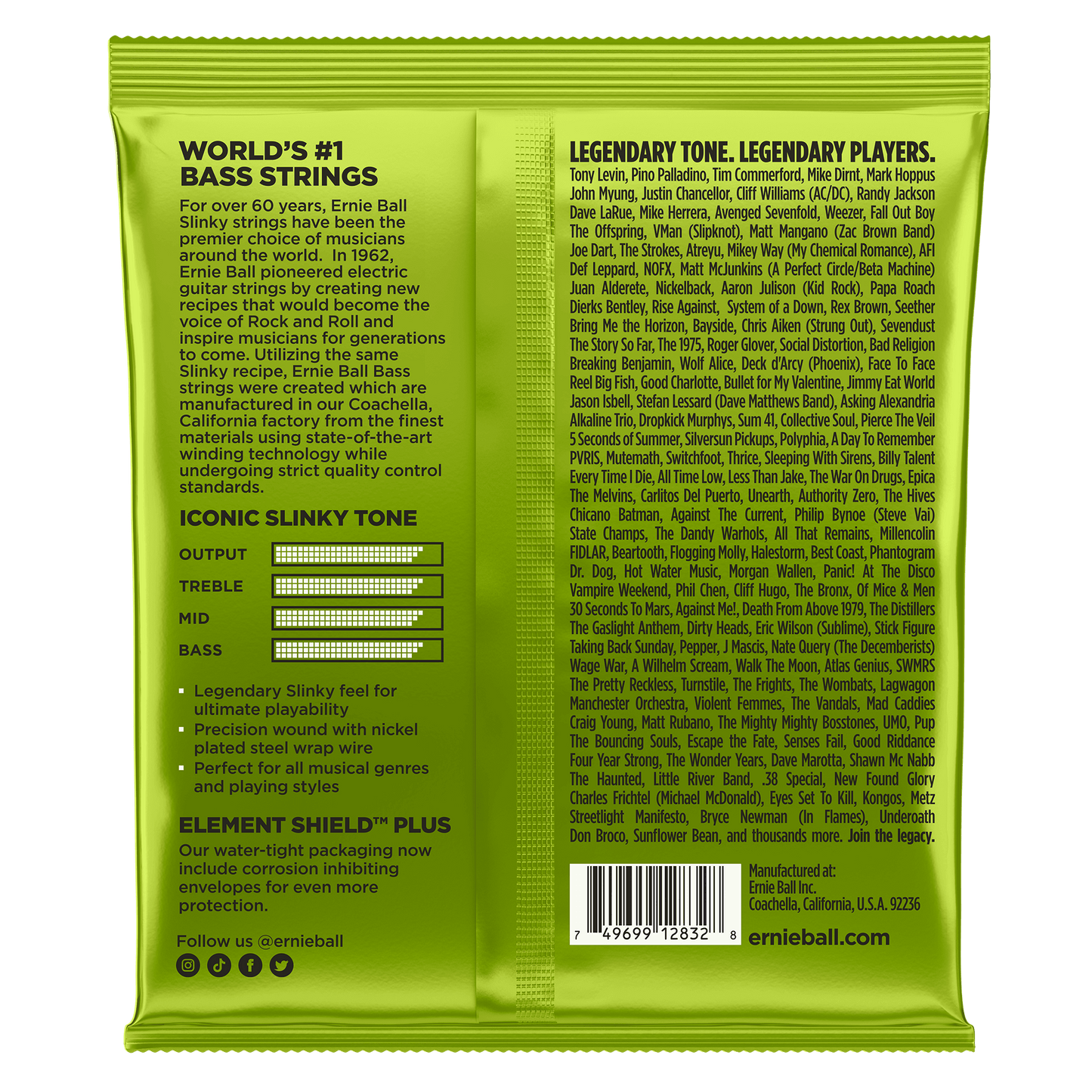 Ernie Ball bass string packaging with text on a yellow background