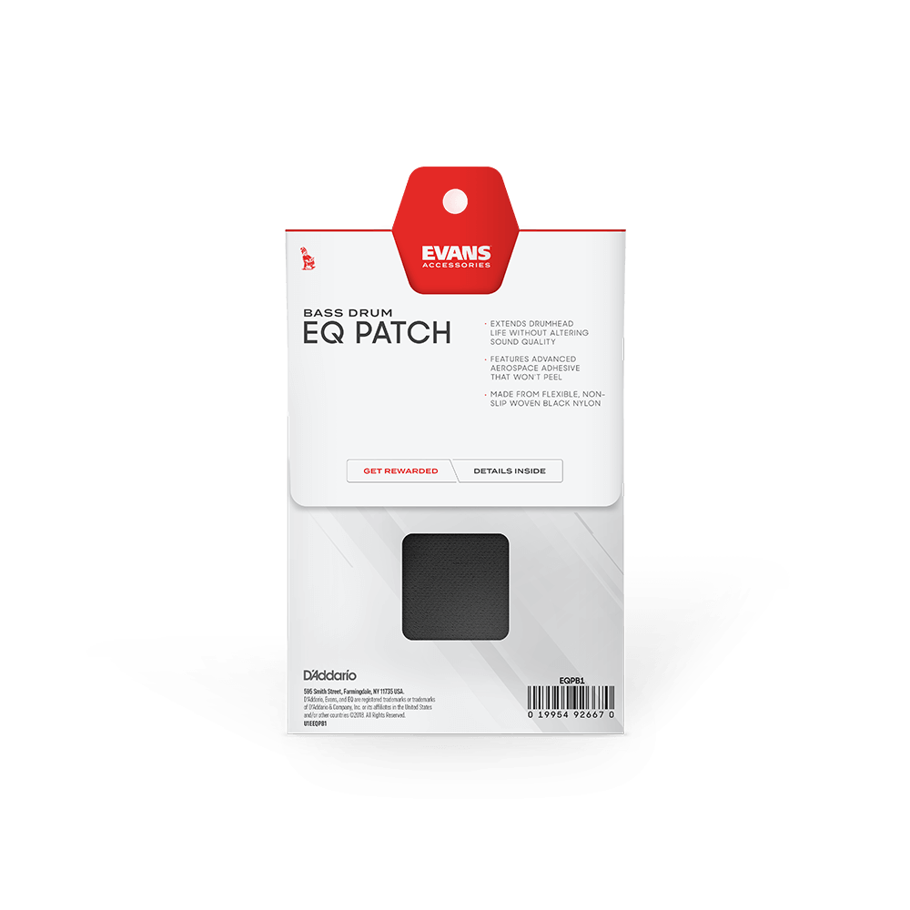 Evans bass drum EQ patch packaging on a clear background