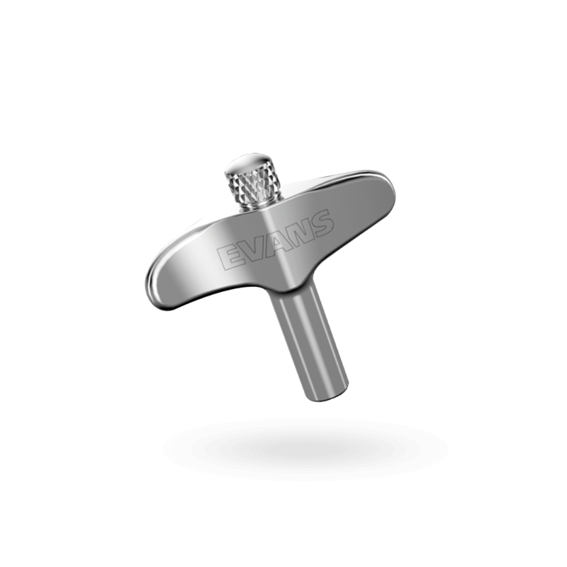 Evans magnetic head drum key, chrome-plated metal drum accessory with Evans branding