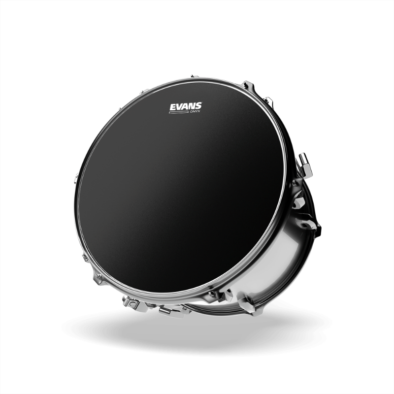 Evans Onyx snare drumhead, black coated surface with EVANS logo