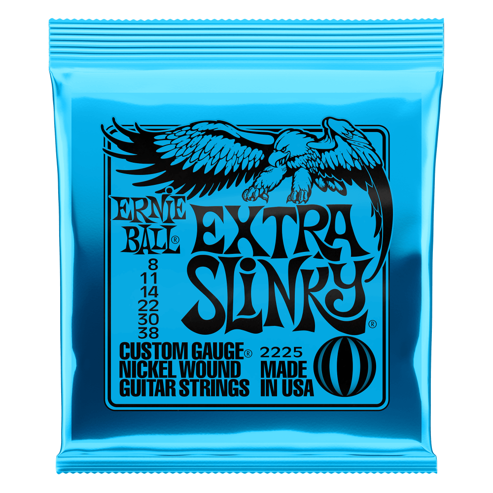 Ernie Ball Extra Slinky guitar strings packaging with blue background