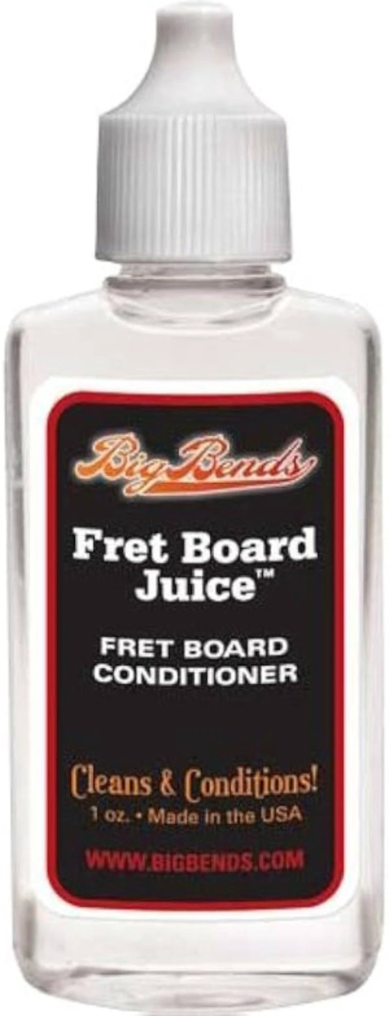 Big Bends Fret Board Juice fret board conditioner bottle with a black label, guitar care