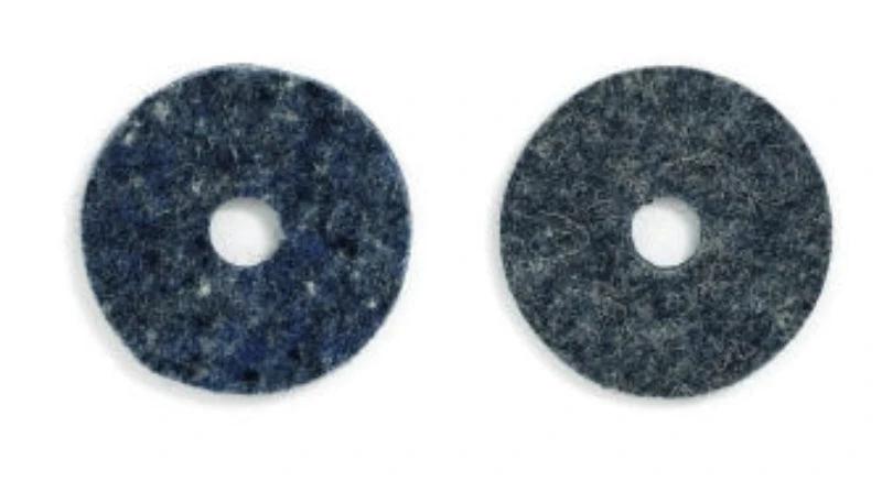 Gibraltar Hi-Hat Cup Felts (2-pack), two dark blue-gray felt discs with central holes.