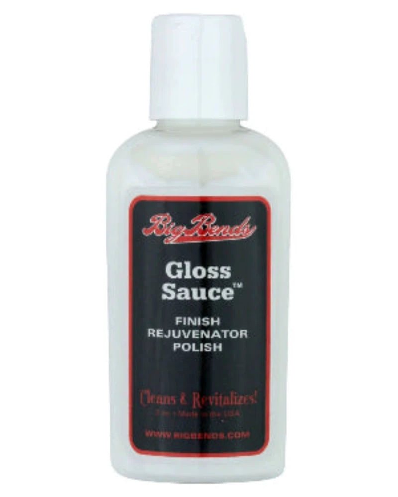 Big Bends Gloss Sauce guitar finish polish bottle, white plastic with red and black label.