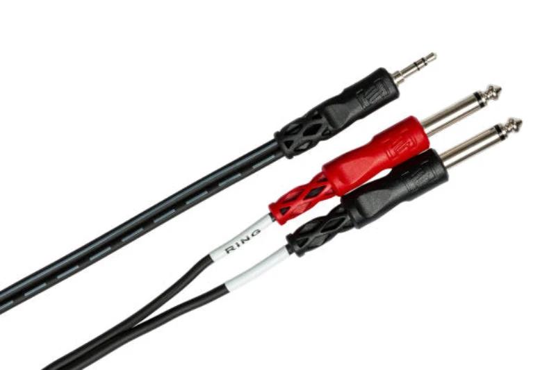 Hosa stereo breakout cable: 3.5mm TRS to dual 1/4 in TS jacks, 3 ft, black with red/white sleeves.