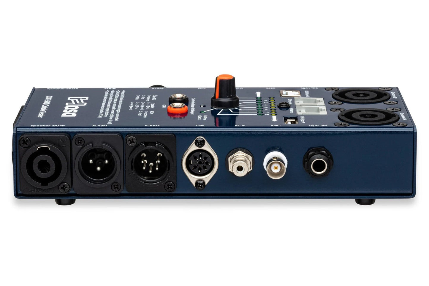 Hosa CBT-500 cable tester, blue metal chassis with XLR, TRS and DIN connectors on the front