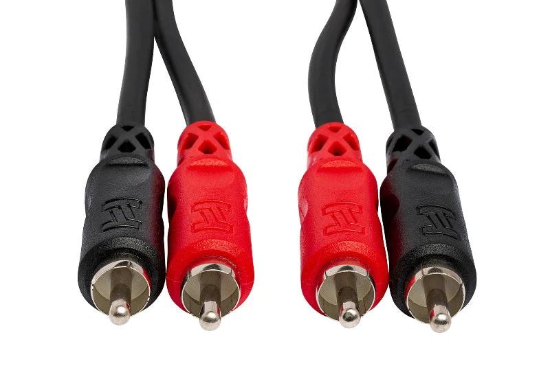 Hosa dual RCA-to-RCA cable in various lengths with red and black connectors, four RCA plugs visible