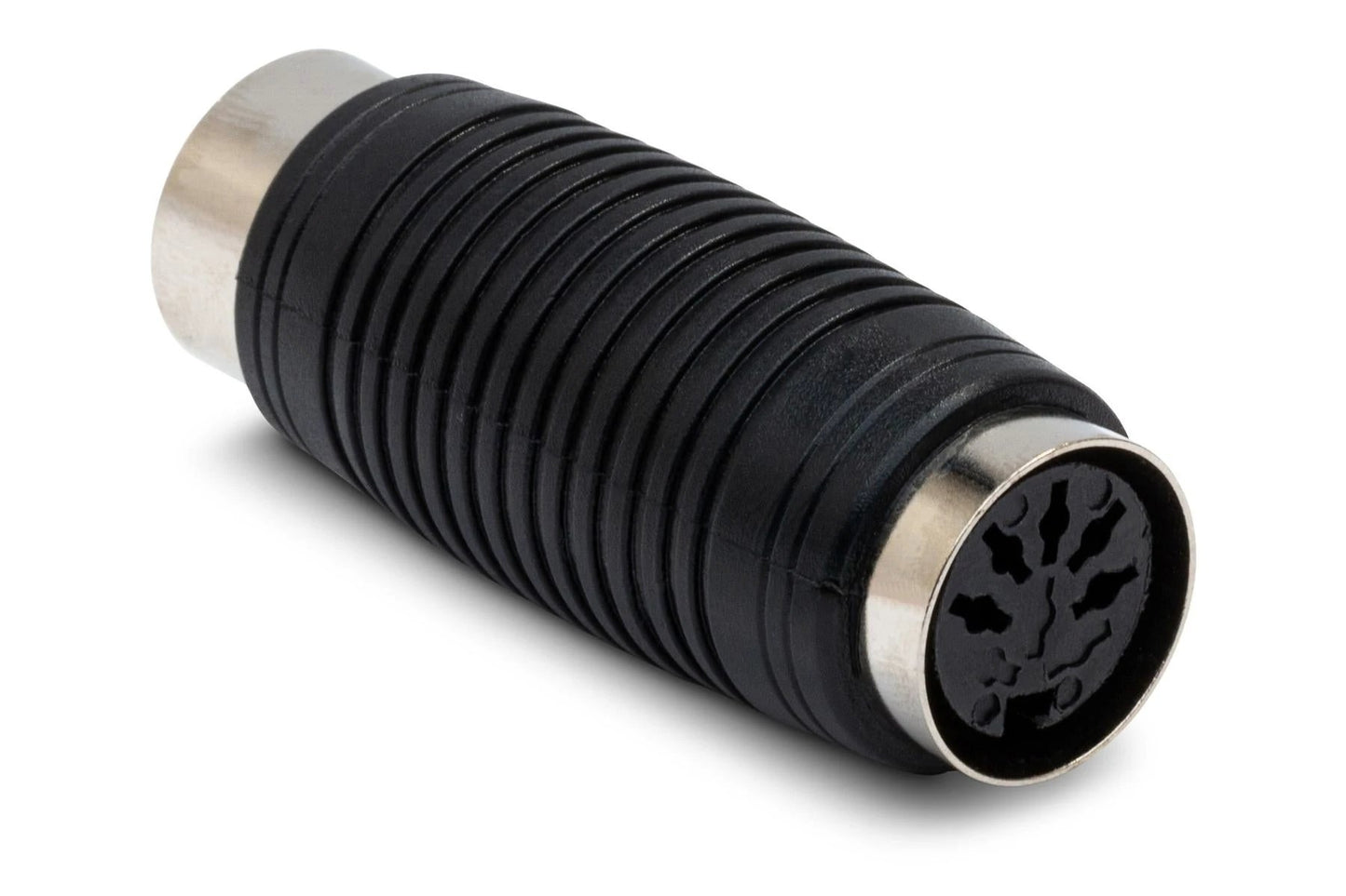 Hosa GMD-108 MIDI coupler; black ribbed body with metal ends and 5-pin DIN female socket