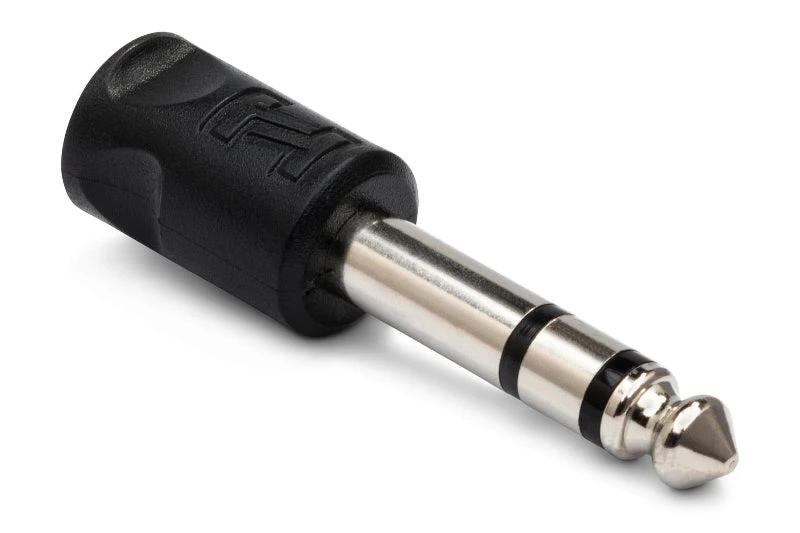 Hosa 3.5 mm TRS to 1/4 in TRS adaptor; black plastic handle with silver metal plug